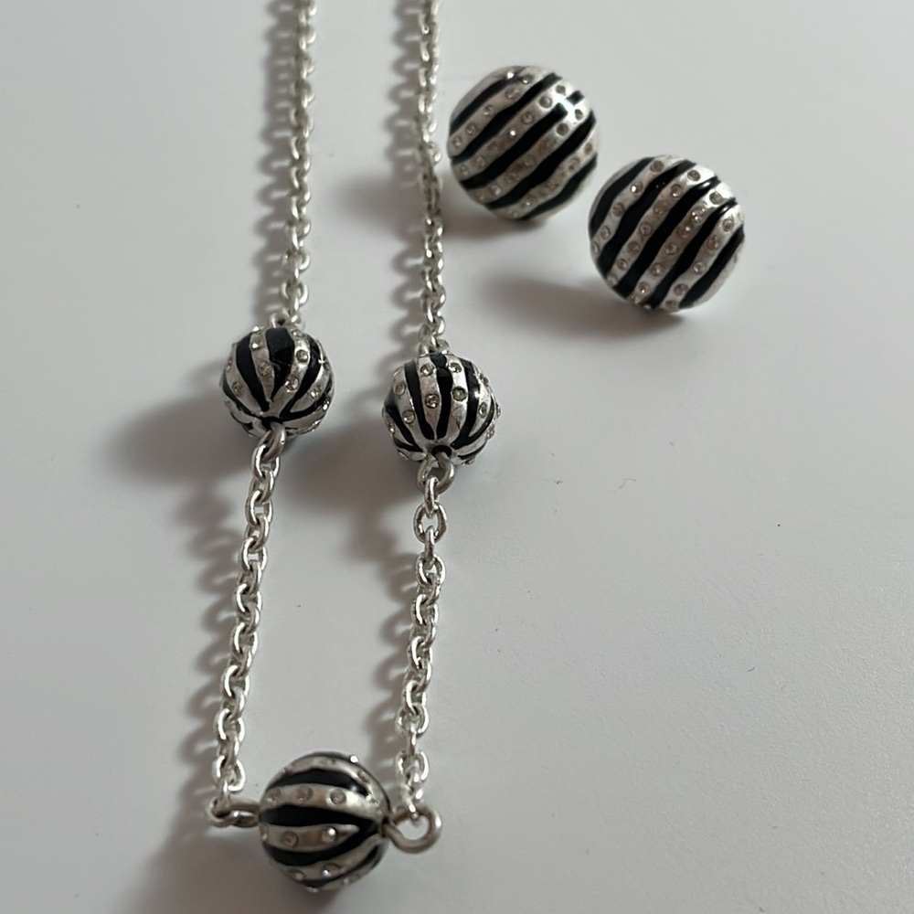 Baskin Brothers Silver Tone Chain Black Sphere Rhinestones Necklace w/ earrings - Picture 2 of 14